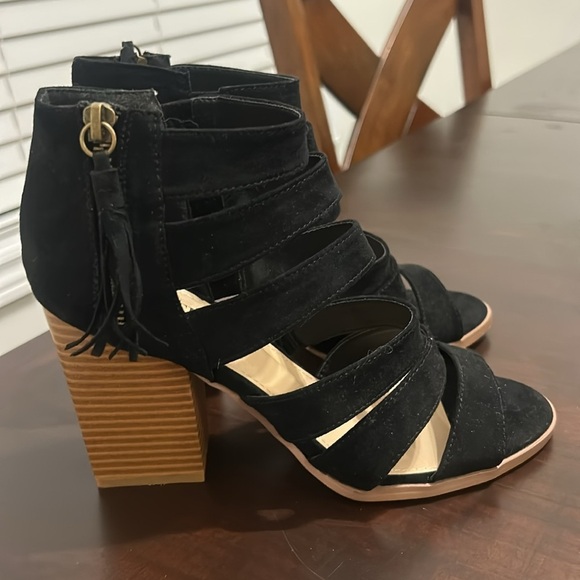 Just Fab Microfibre Strappy Open Toe Chunky Wooden Heels Sandals Black Size 8 - Picture 6 of 14